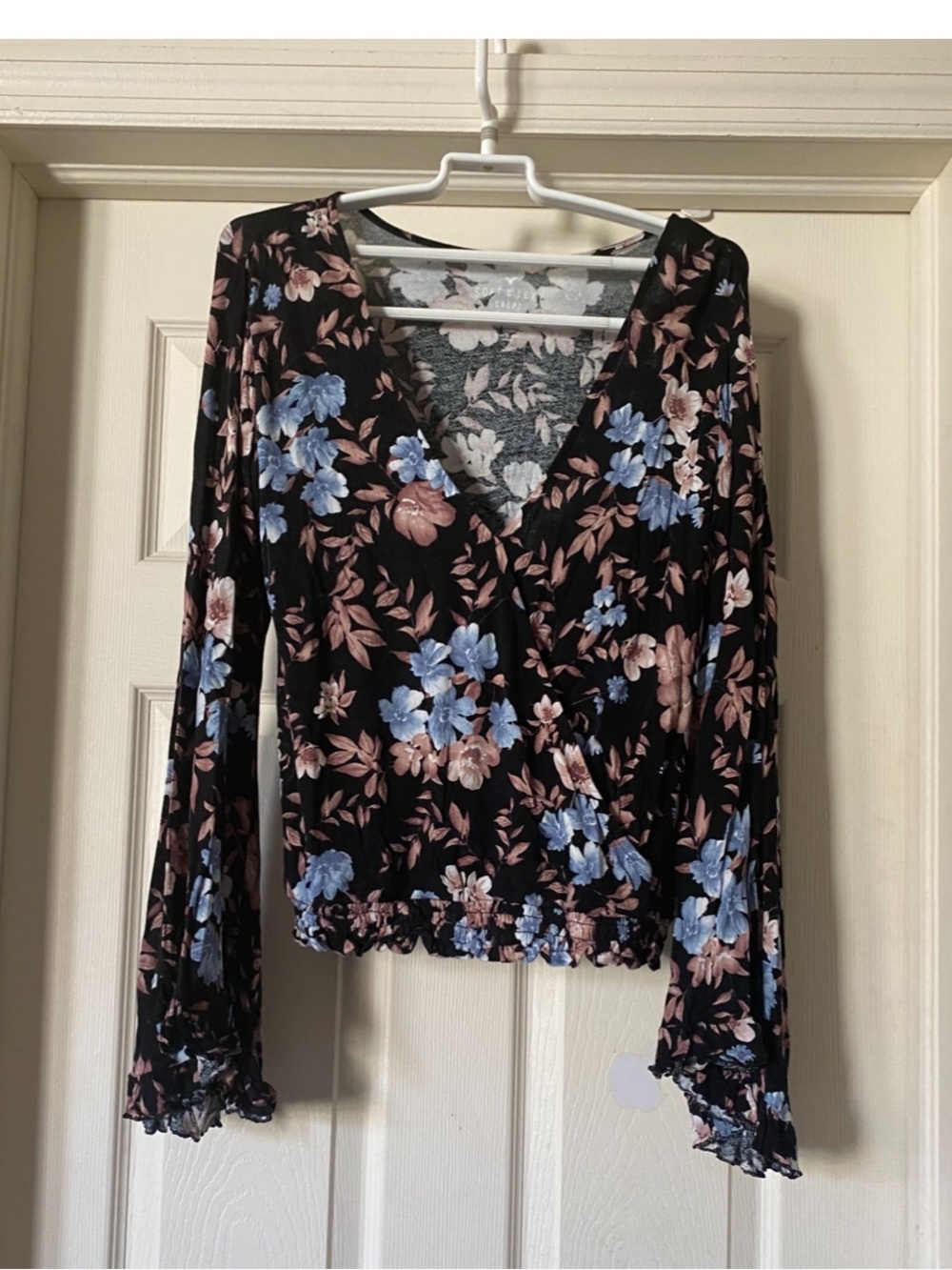 Floral Wrap Long-Sleeve Top in Black with Blue & Taupe Flowers
